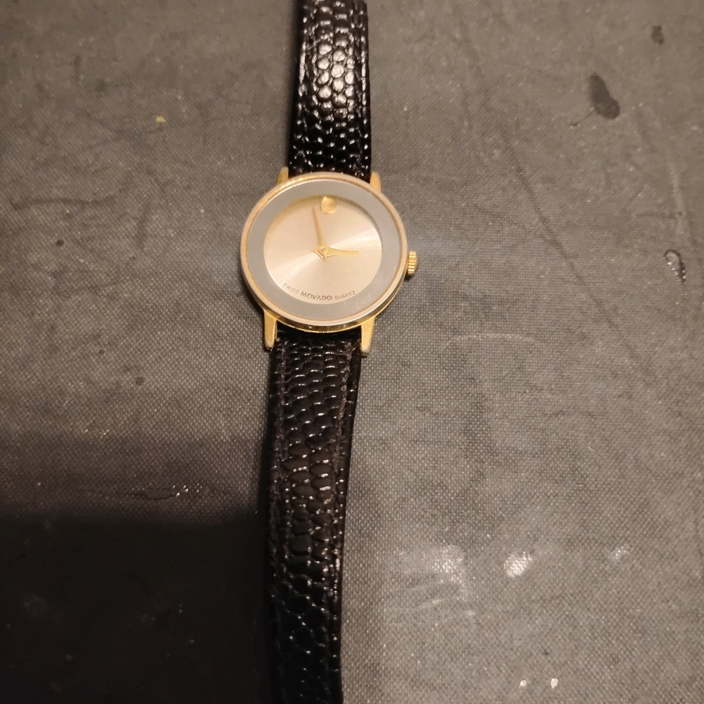 Movado Gold and Black Leather Watch